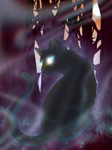 A drawing of a black cat with glowing eyes and a dark forest, there’s mist and a glowing moon on an orange and blue sky