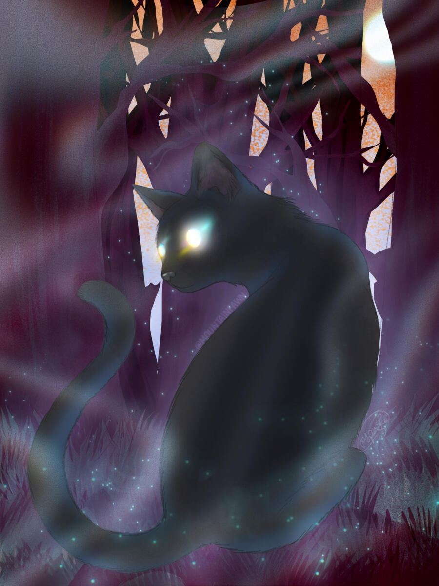 A black cat with glowing eyes in a dark forest, it’s misty and there is a glowing moon on an orange and blue sky