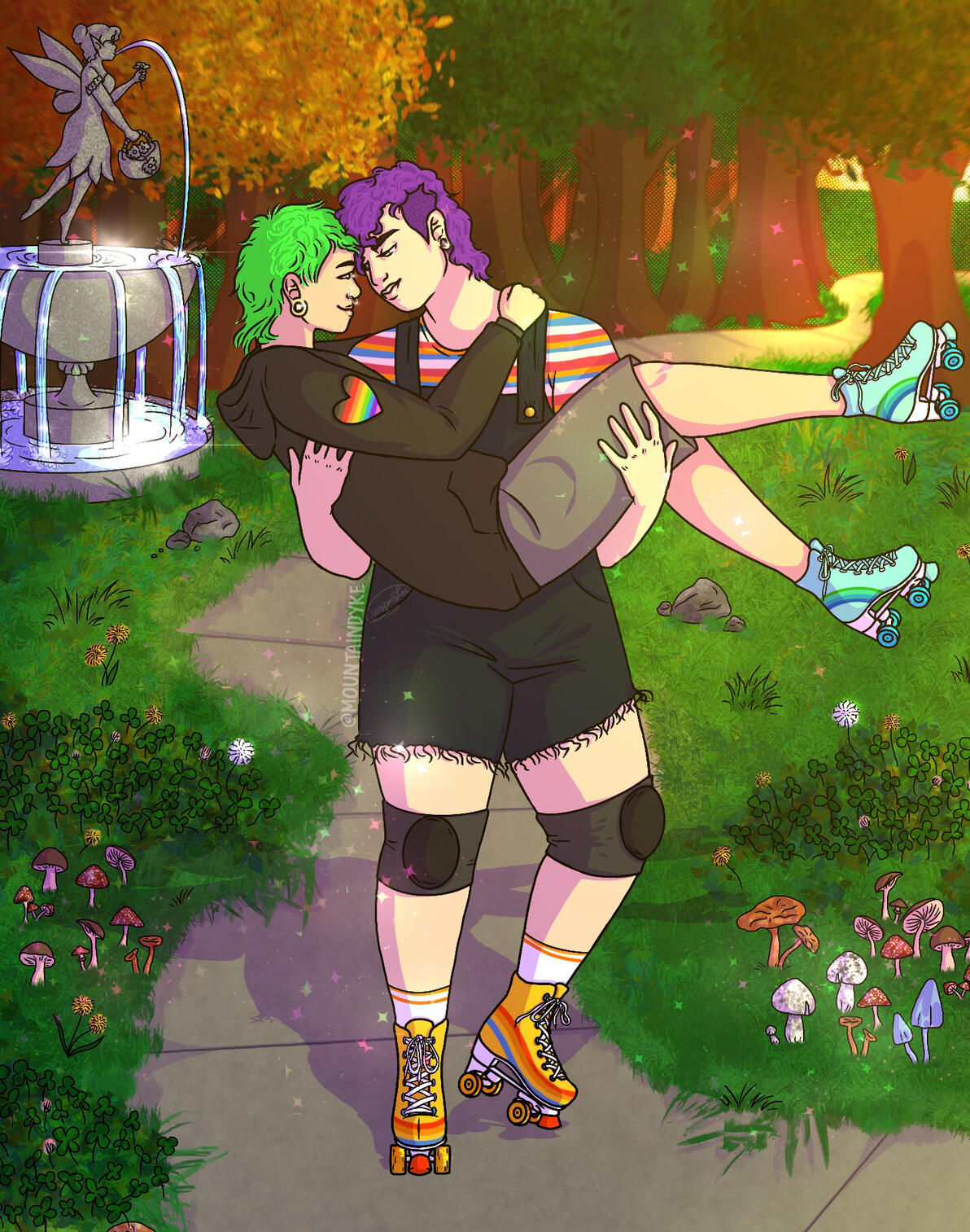 Two queers rollerskating, one is holding the other bridal style, they are in a park with mushrooms and a fairy fountain