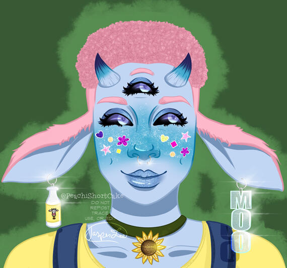 Monster girl with cow features and glitter, pink afro undercut