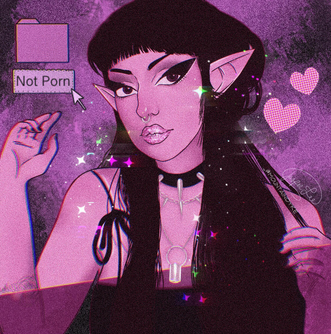 Glittery and noises portrait in purple
