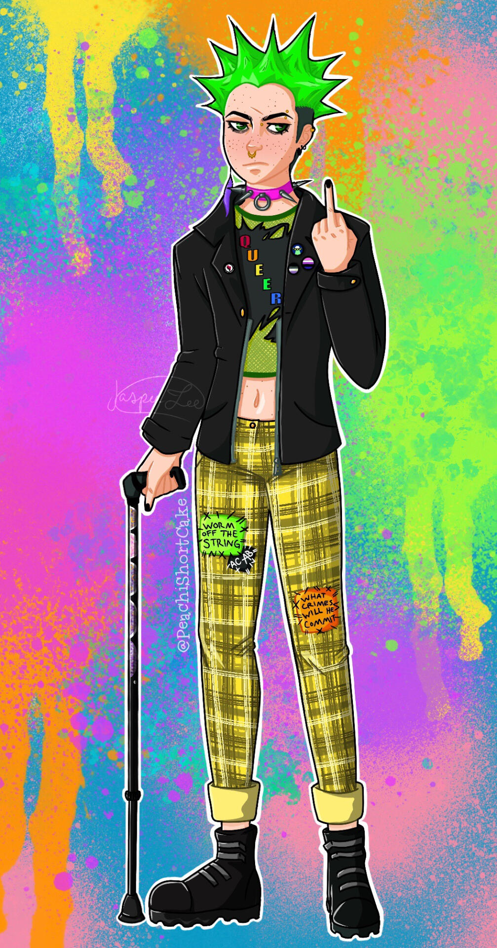 A full body person in punk attire in front of spray paint