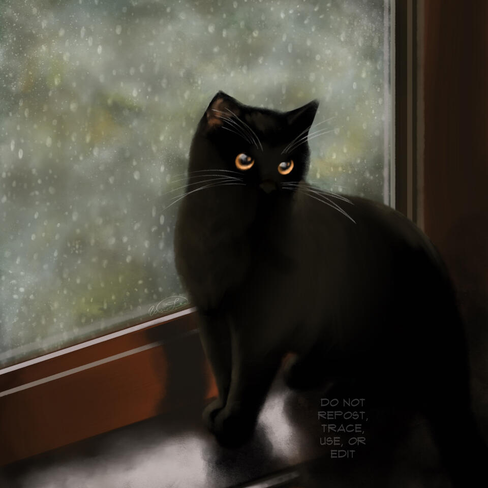 Realistic painting of cat on a window seal