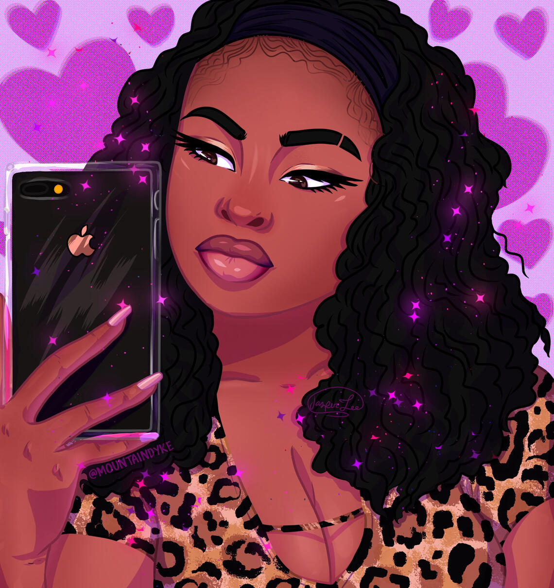 Dark skin black woman with long curled hair and a cheetah shirt, holding an iPhone for a selfie