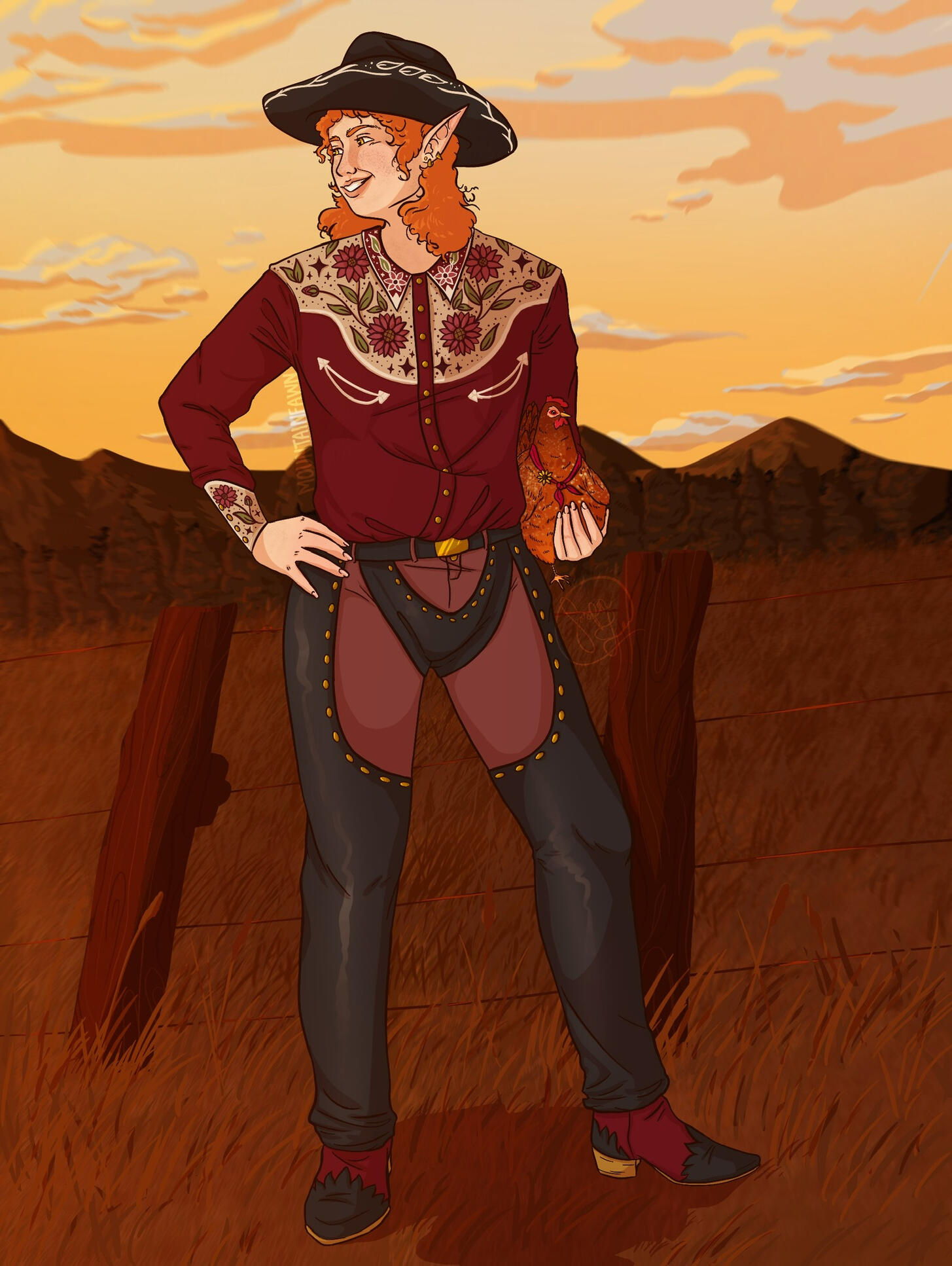 DnD pixie cowboy character on a farm